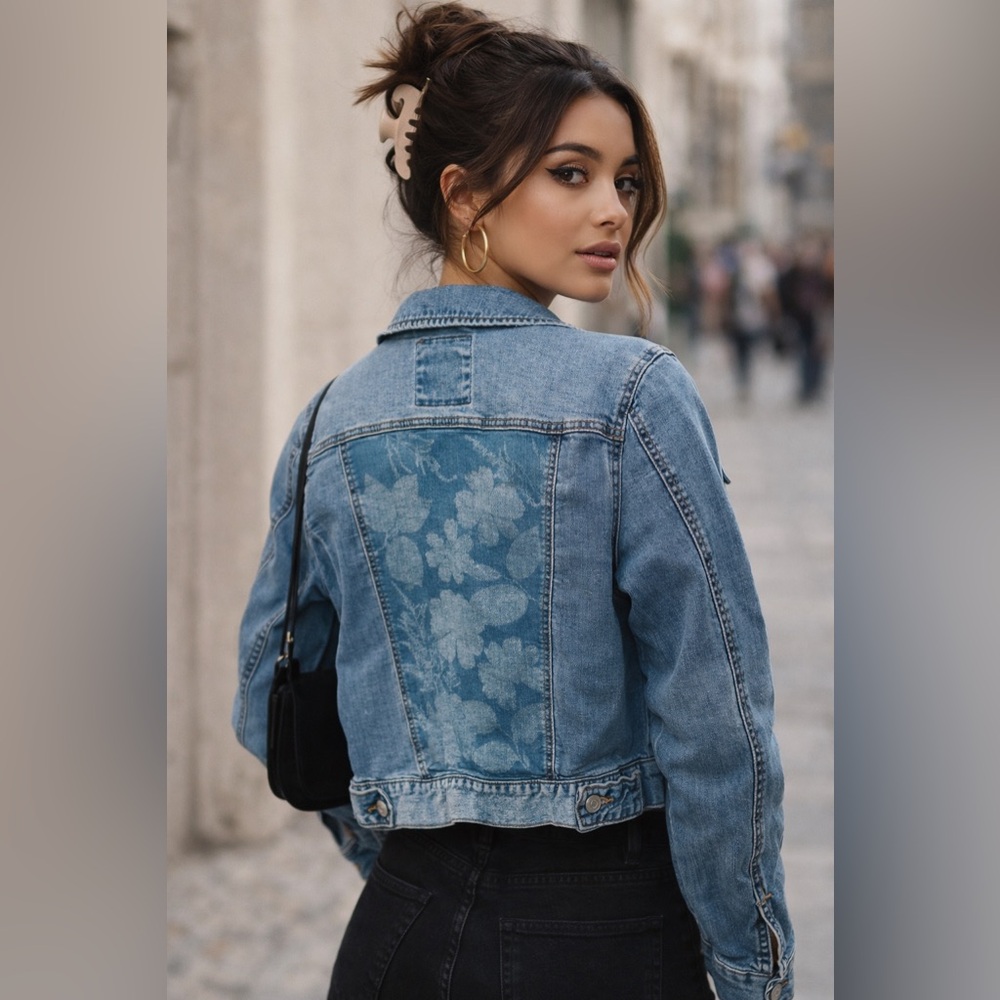 Custom Made Cropped Floral Patch Light Wash Denim Jacket Size L